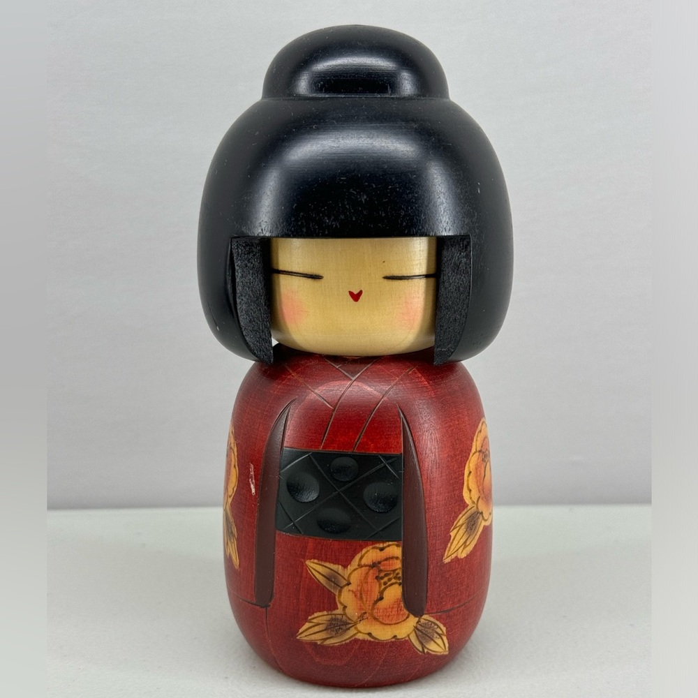Japanese Kokeshi Doll with Floral Design (Includes Box) by Sato Suigai
